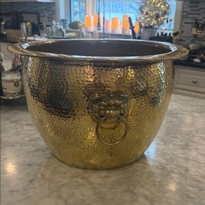Brass Hammered Metal Foo dog Planter large.